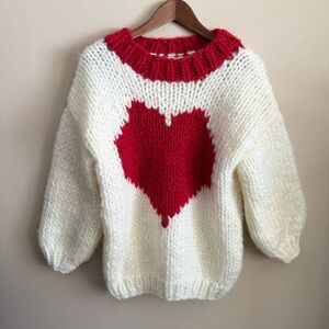 Handmade Chunky Knit Heart Sweater | Cozy Cottagecore Cream Red Pullover